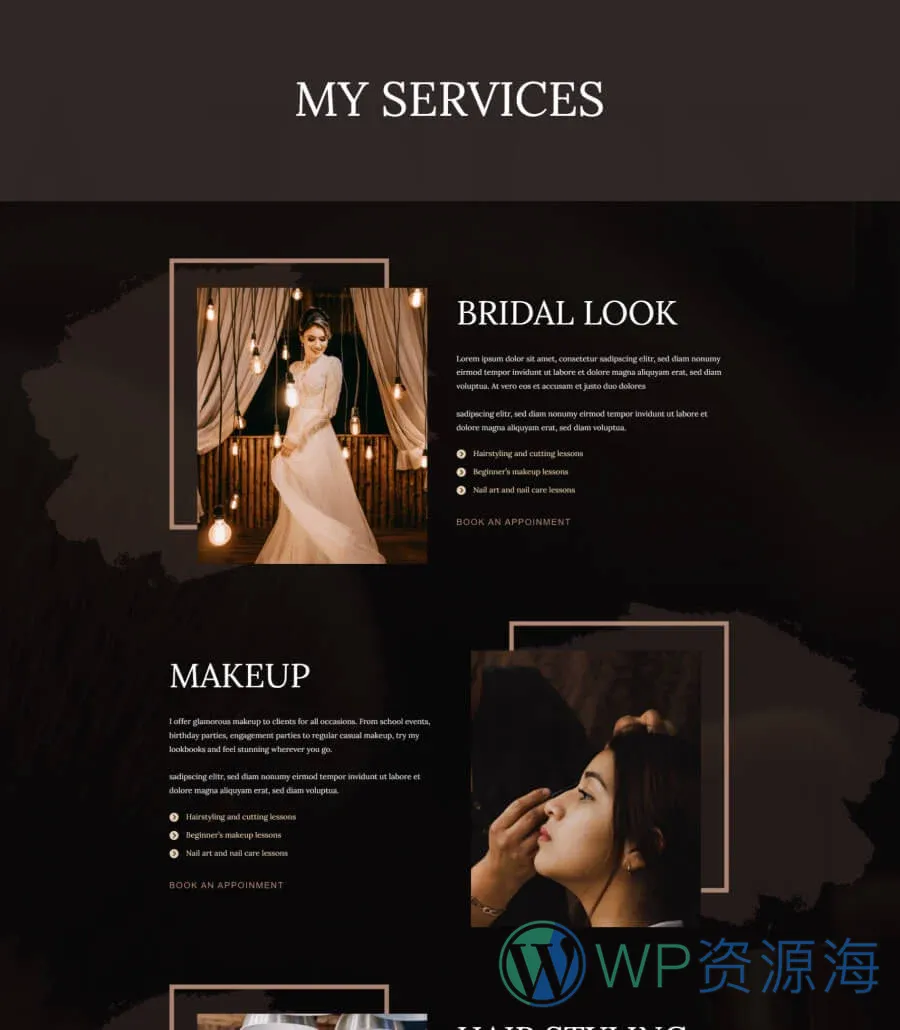 美妆艺术家Gutenberg网站模板_一键导入快速建站插图4-WP资源海 Mellafex Services Page For Gutenberg