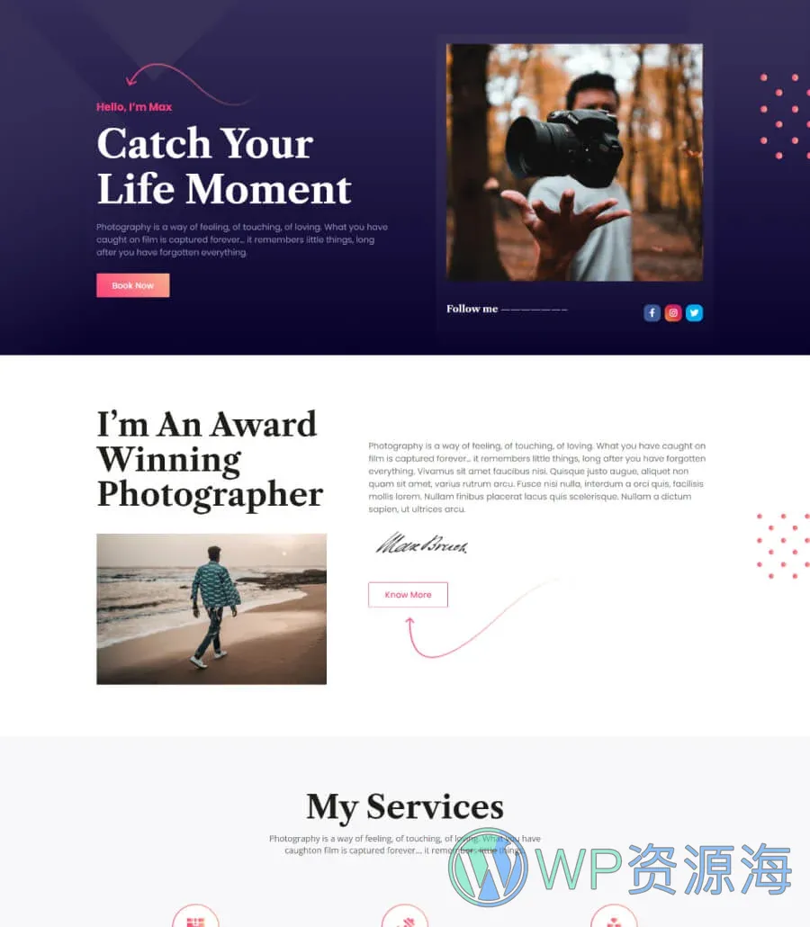 摄影Gutenberg网站模板_一键导入快速建站插图1-WP资源海 Max Boom Home Page For Gutenberg