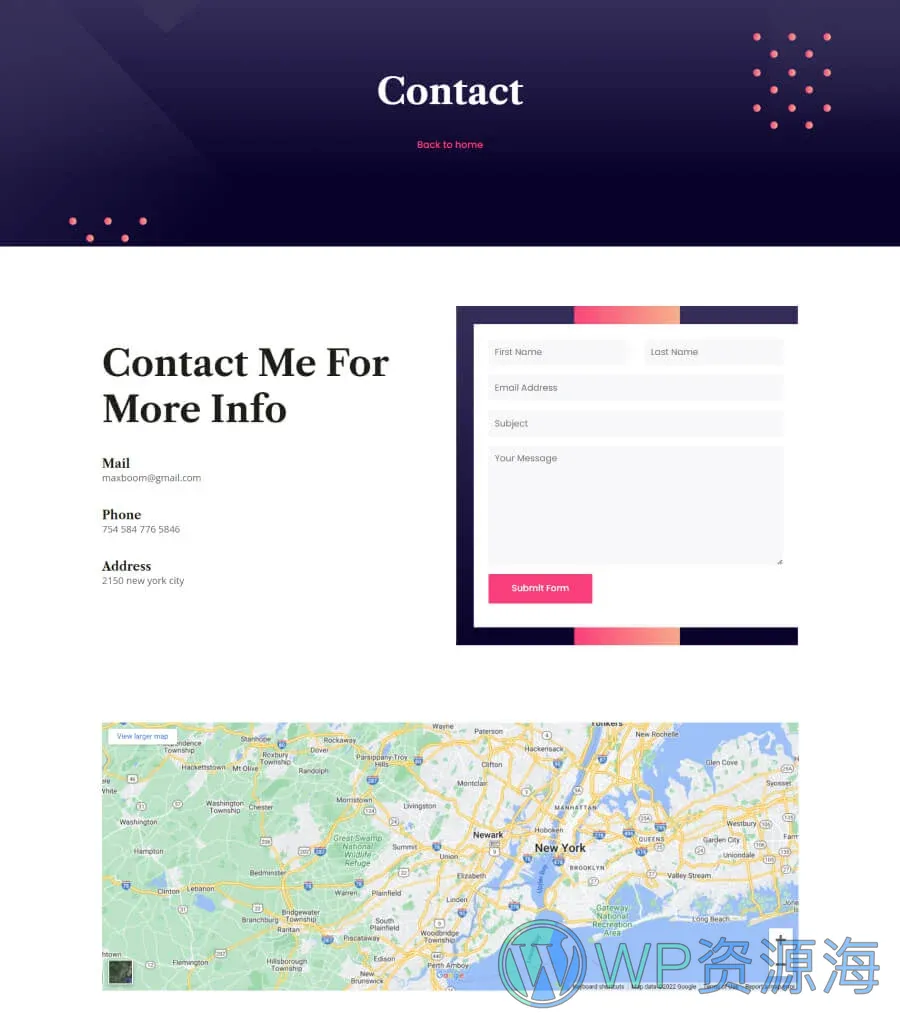 摄影Gutenberg网站模板_一键导入快速建站插图5-WP资源海 Max Boom Contact Page For Gutenberg