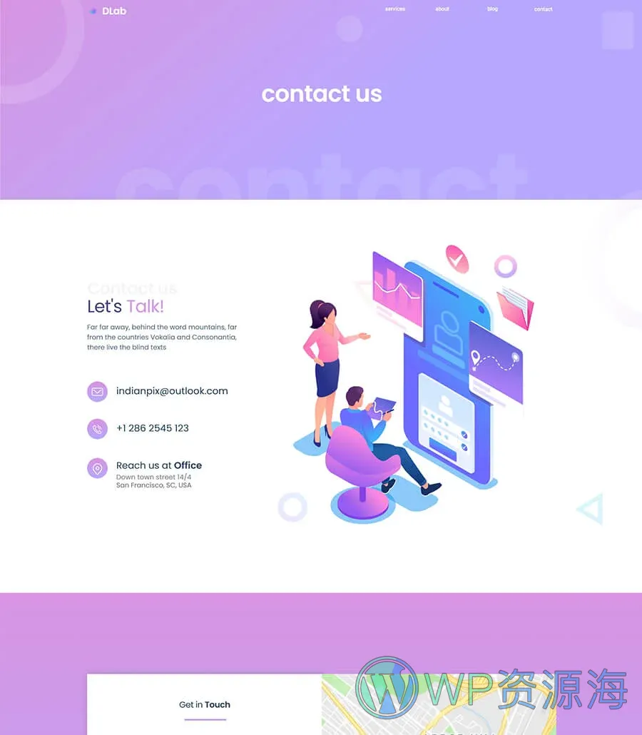 数字机构Elementor网站模板_一键导入快速建站插图3-WP资源海 Dlab Contact Page