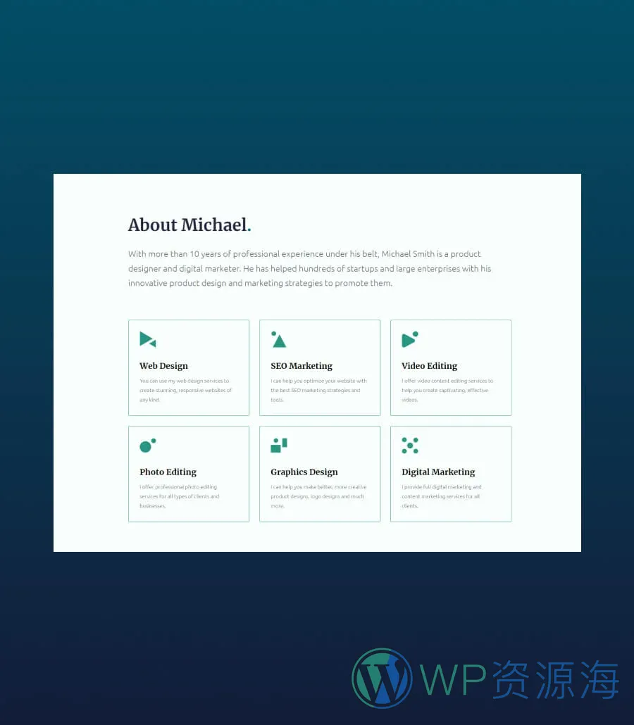 极简作品集Gutenberg网站模板_一键导入快速建站插图4-WP资源海 Michael About Section For Gutenberg