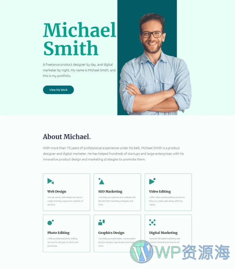极简作品集Gutenberg网站模板_一键导入快速建站插图1-WP资源海 Michael Landing Page For Gutenberg