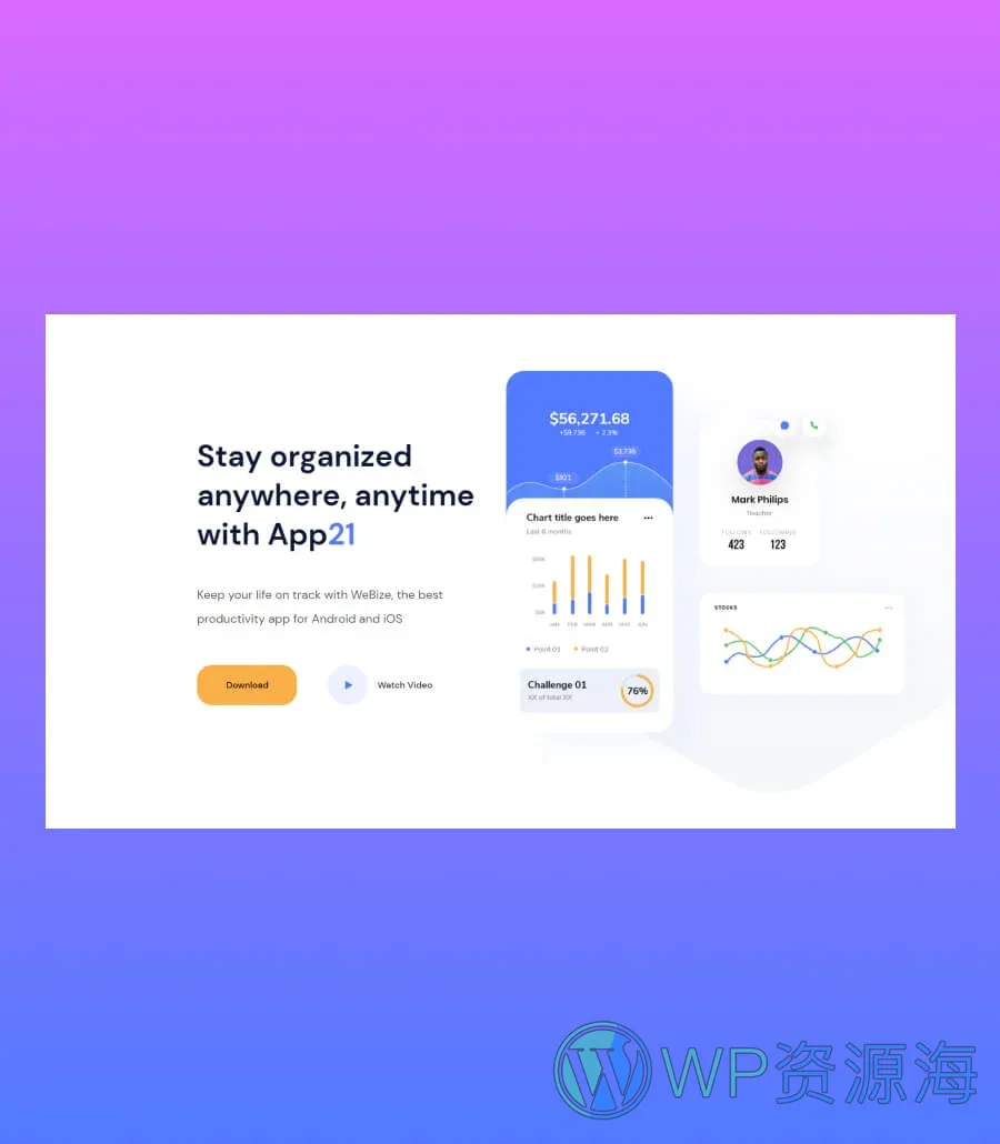 移动应用 :快速Gutenberg网站模板_一键导入快速建站插图4-WP资源海 App21 Hero Section For Gutenberg