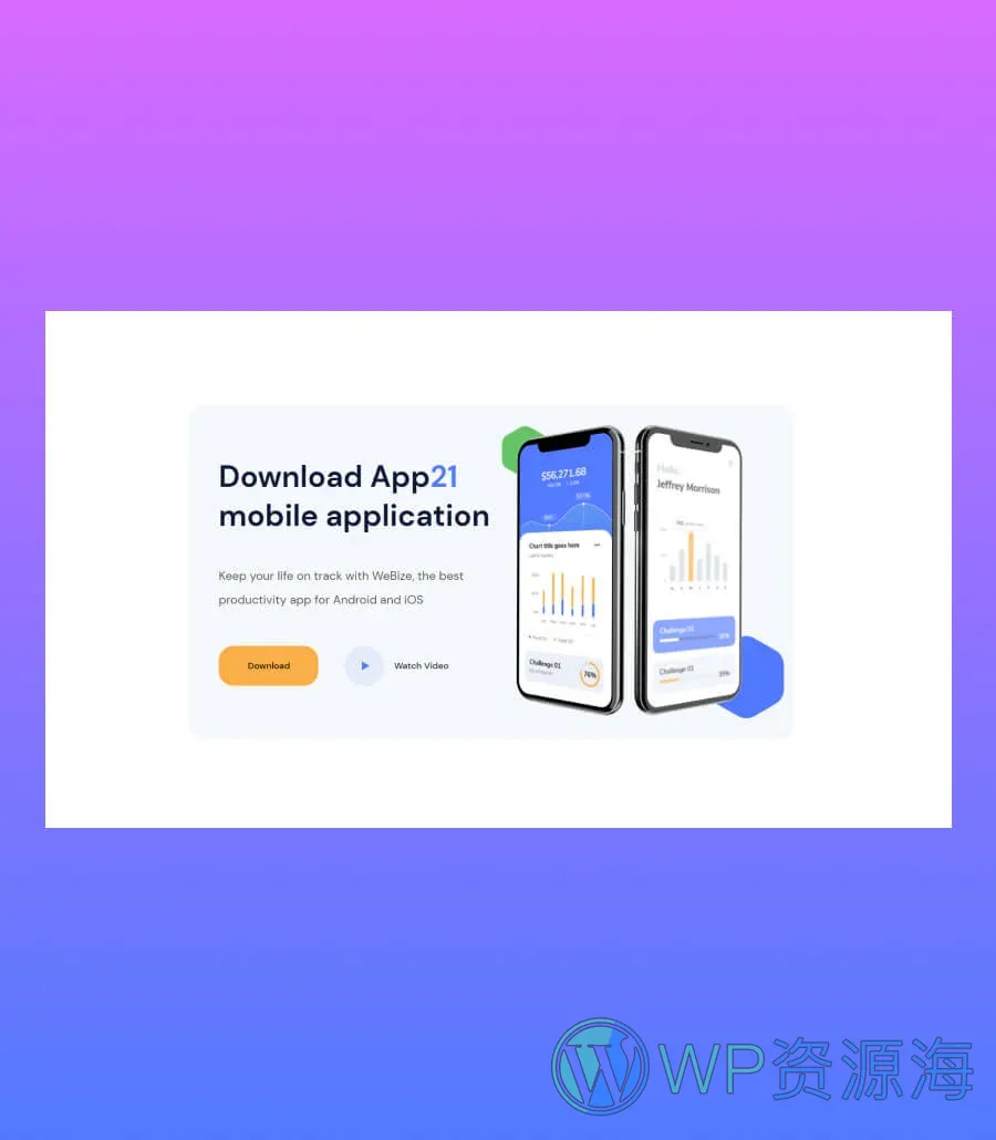 移动应用 :快速Gutenberg网站模板_一键导入快速建站插图9-WP资源海 App21 CTA Section For Gutenberg