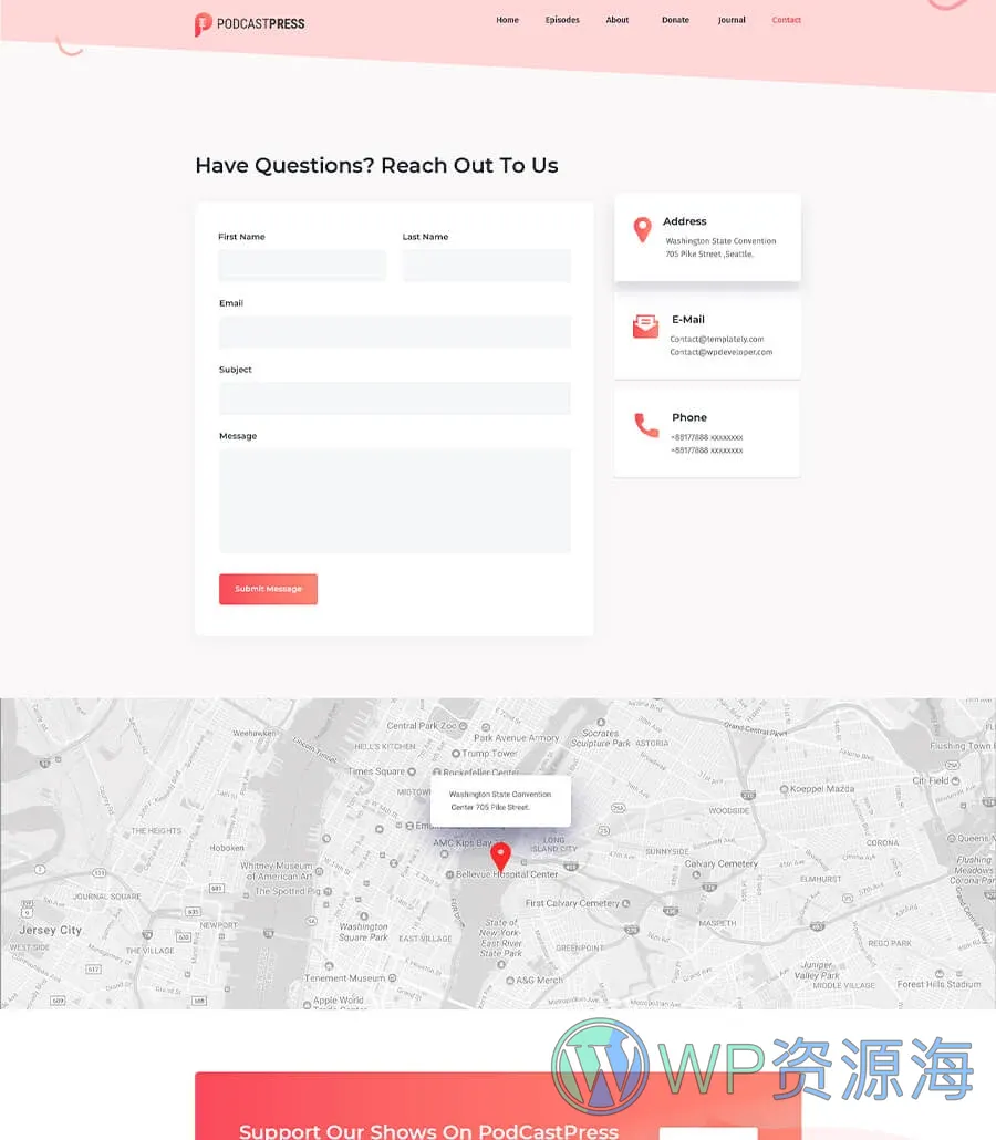 播客Elementor网站模板_一键导入快速建站插图3-WP资源海 PodCastPress Contact Page