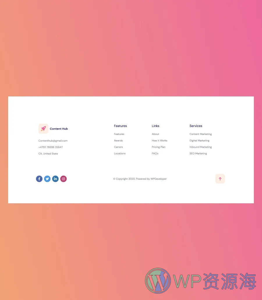内容营销机构Gutenberg网站模板_一键导入快速建站插图5-WP资源海 Content Hub Footer Section For Gutenberg