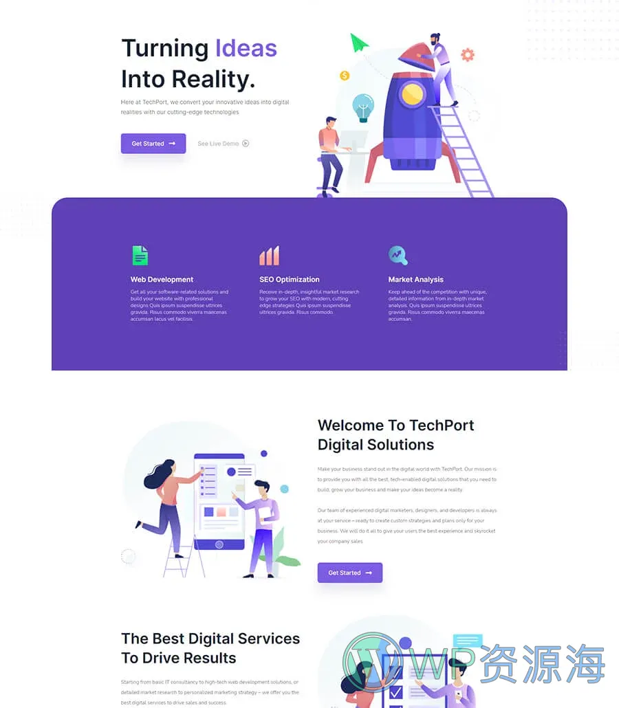 数字创业Gutenberg网站模板_一键导入快速建站插图1-WP资源海 TechPort Home Page For Gutenberg