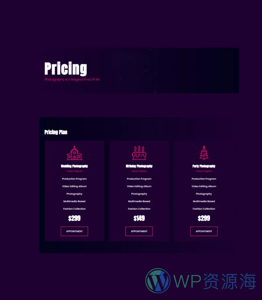 PhotoSpark Pricing Page For Gutenberg