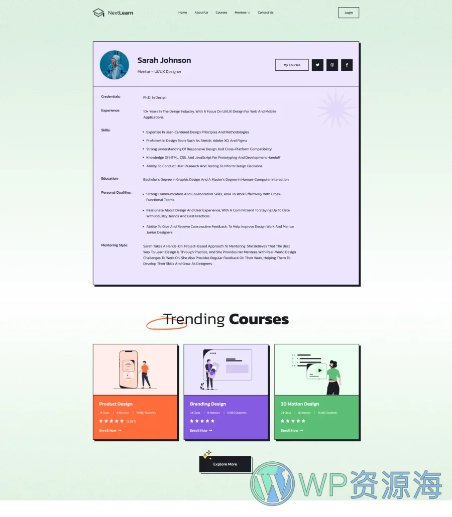 NextLearn Mentor Details Page For Gutenberg