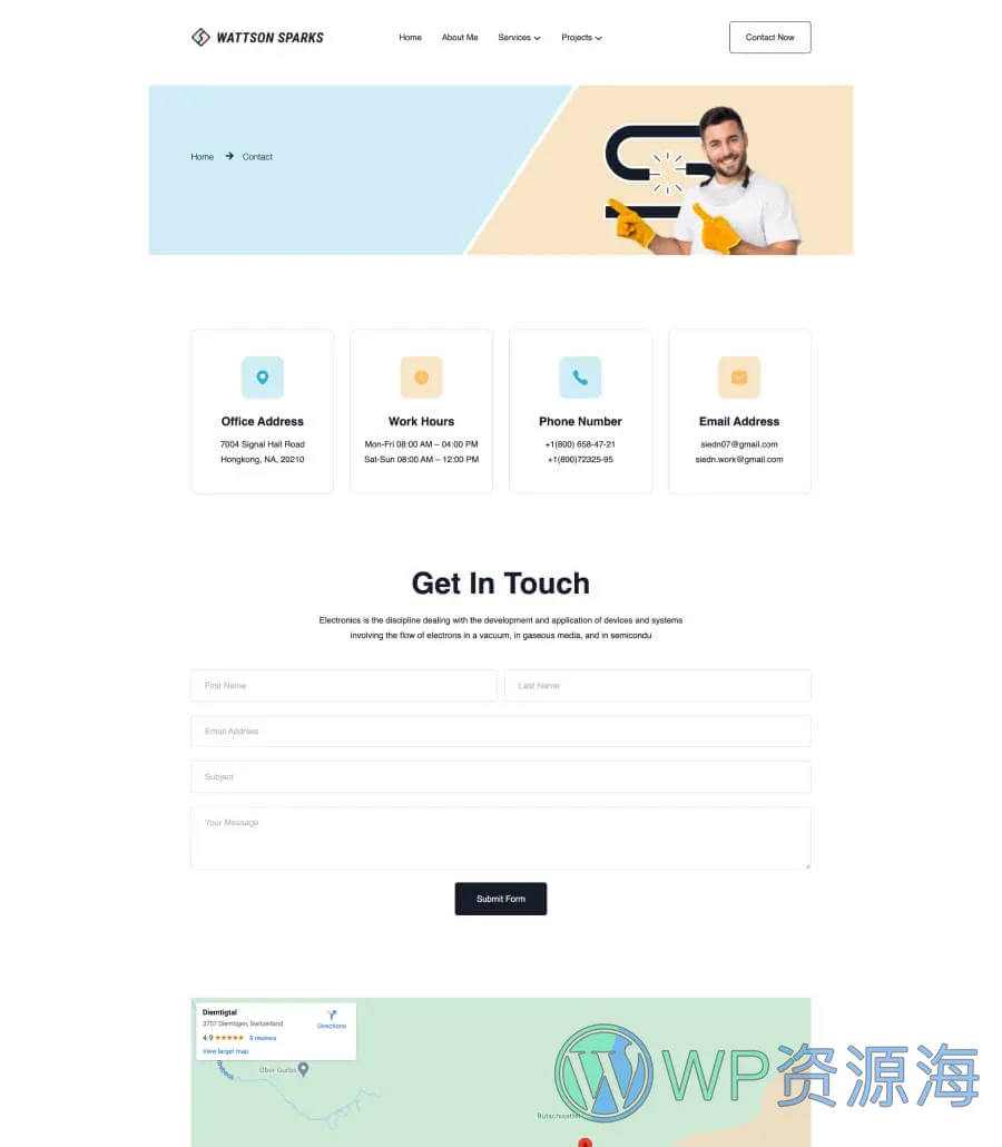 电工服务Gutenberg网站模板_一键导入快速建站插图4-WP资源海 Wattson Sparks Contact Page For Gutenberg