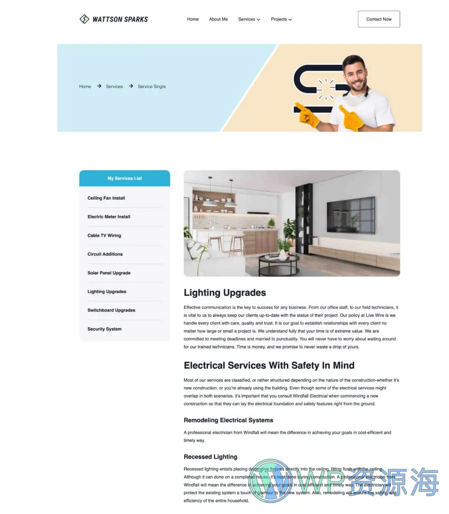 电工服务Gutenberg网站模板_一键导入快速建站插图2-WP资源海 Wattson Sparks Service Single Page For Gutenberg