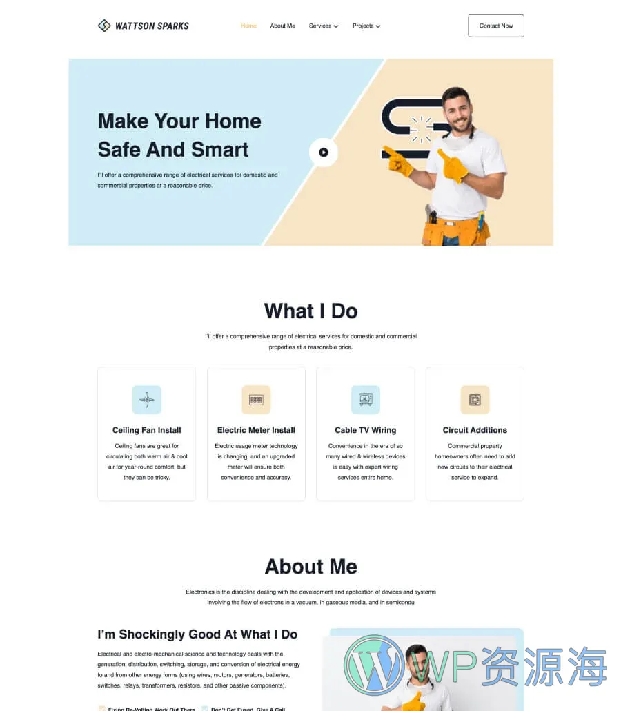 电工服务Gutenberg网站模板_一键导入快速建站插图1-WP资源海 Wattson Sparks Home Page For Gutenberg