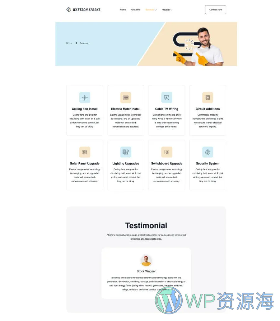 电工服务Gutenberg网站模板_一键导入快速建站插图5-WP资源海 Wattson Sparks Services Page For Gutenberg
