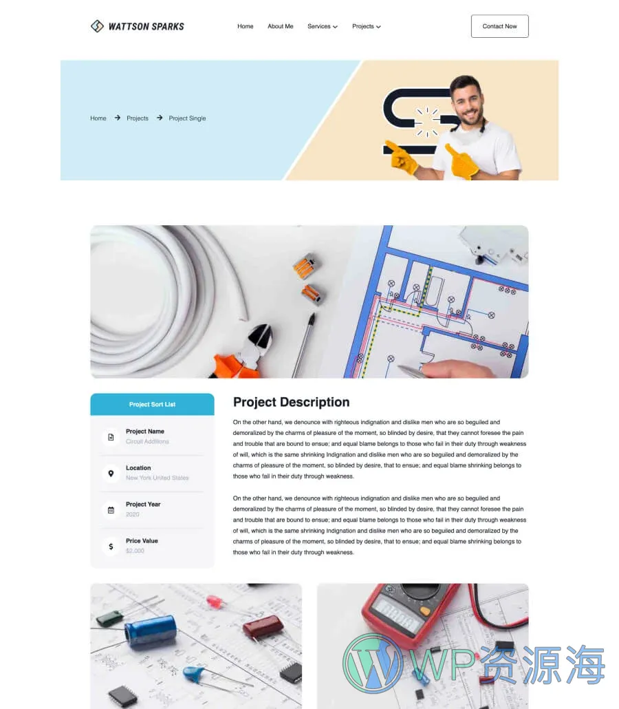 电工服务Gutenberg网站模板_一键导入快速建站插图7-WP资源海 Wattson Sparks Projects Single Page For Gutenberg