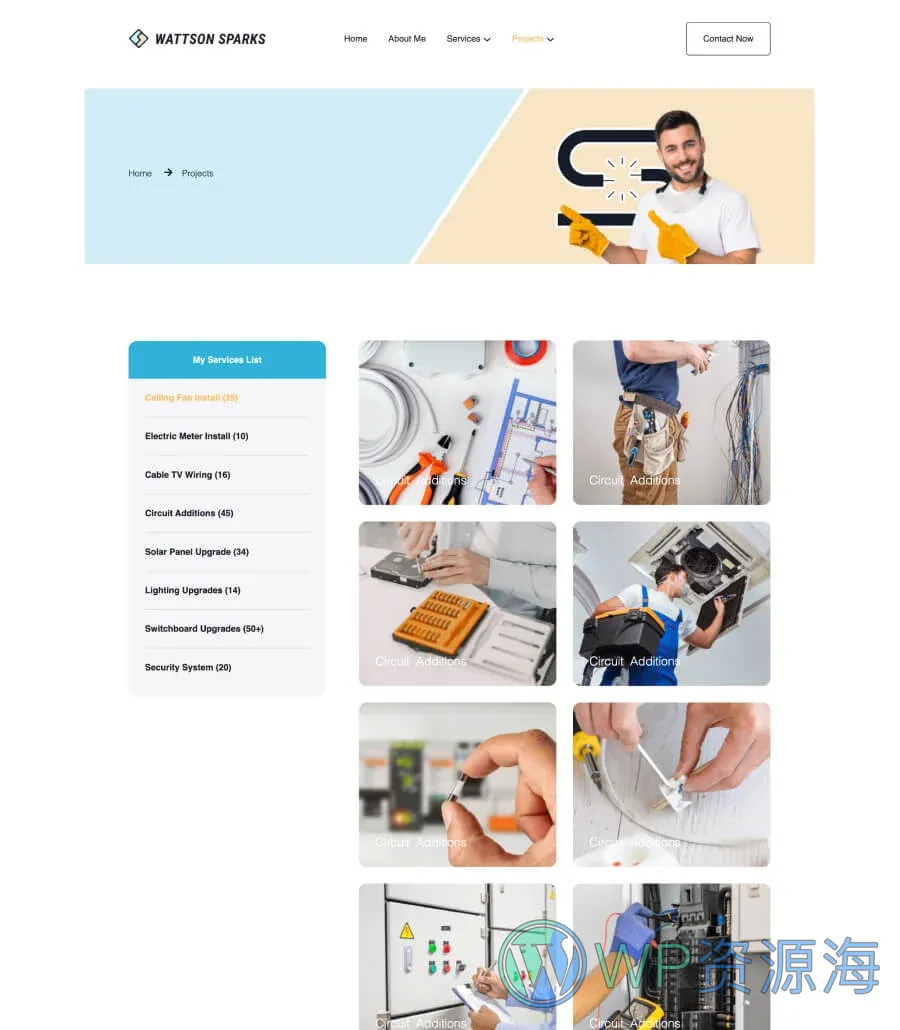 电工服务Gutenberg网站模板_一键导入快速建站插图6-WP资源海 Wattson Sparks Projects Page For Gutenberg
