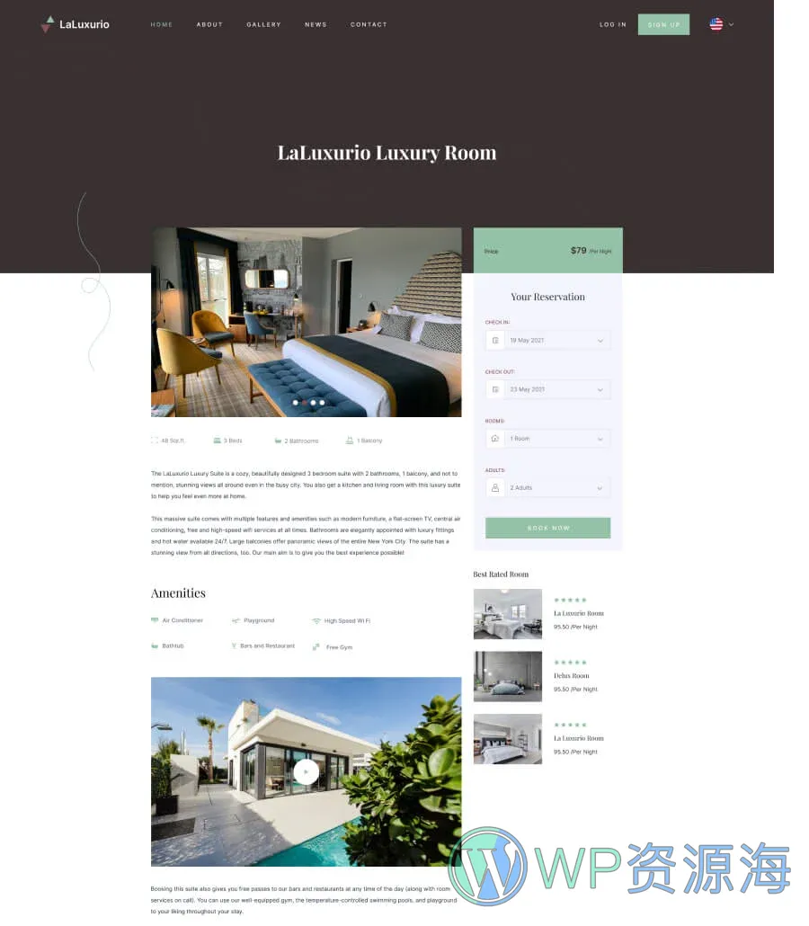 快速建站Elementor网站模板_一键导入快速建站插图6-WP资源海 LaLuxurio Room Booking Page