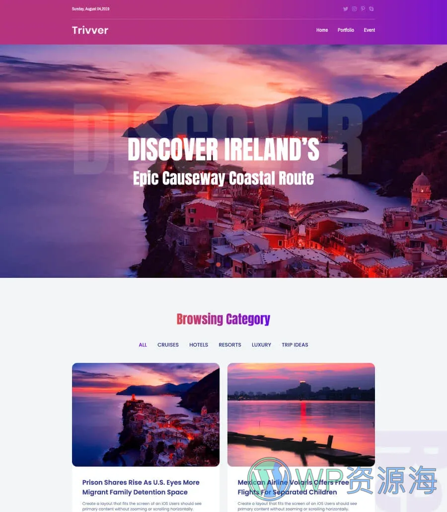 旅行杂志Gutenberg网站模板_一键导入快速建站插图1-WP资源海 Trivver Landing Page For Gutenberg