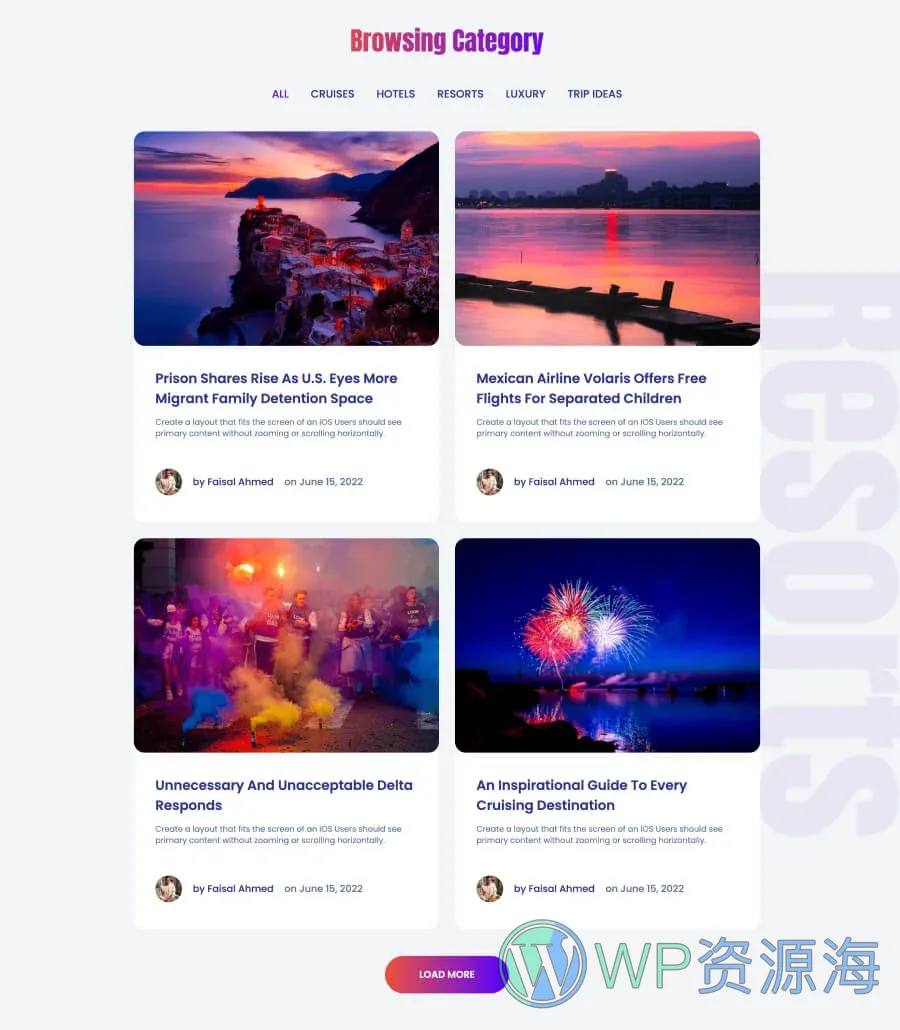 旅行杂志Gutenberg网站模板_一键导入快速建站插图2-WP资源海 Trivver Category Filter Section For Gutenberg