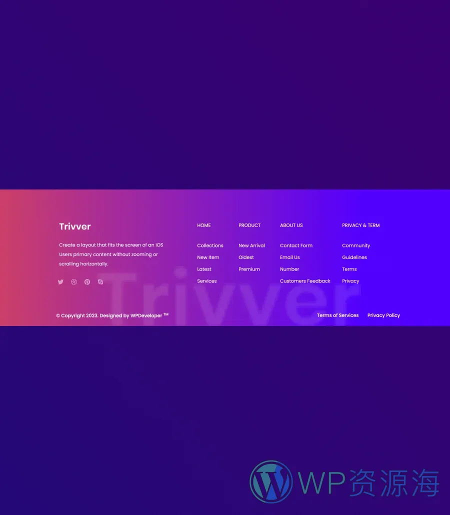 旅行杂志Gutenberg网站模板_一键导入快速建站插图5-WP资源海 Trivver Footer Section For Gutenberg