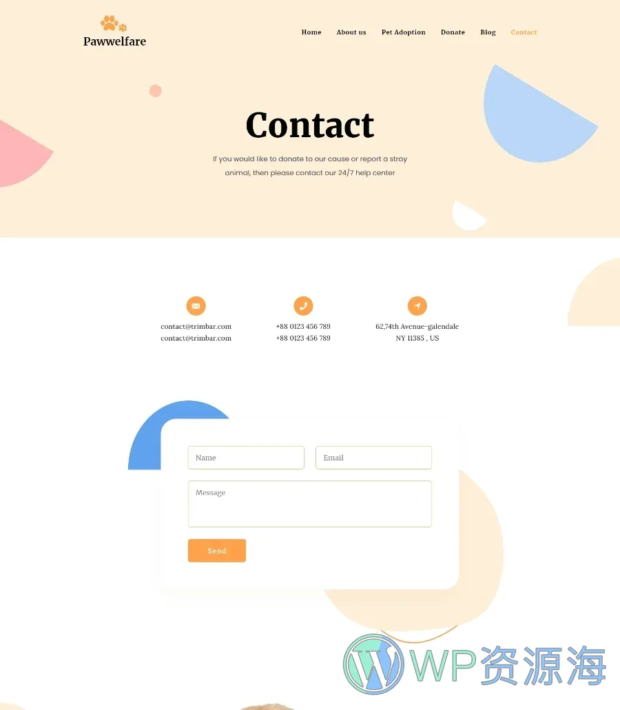 动物福利Elementor网站模板_一键导入快速建站插图3-WP资源海 Pawwelfare Contact Page