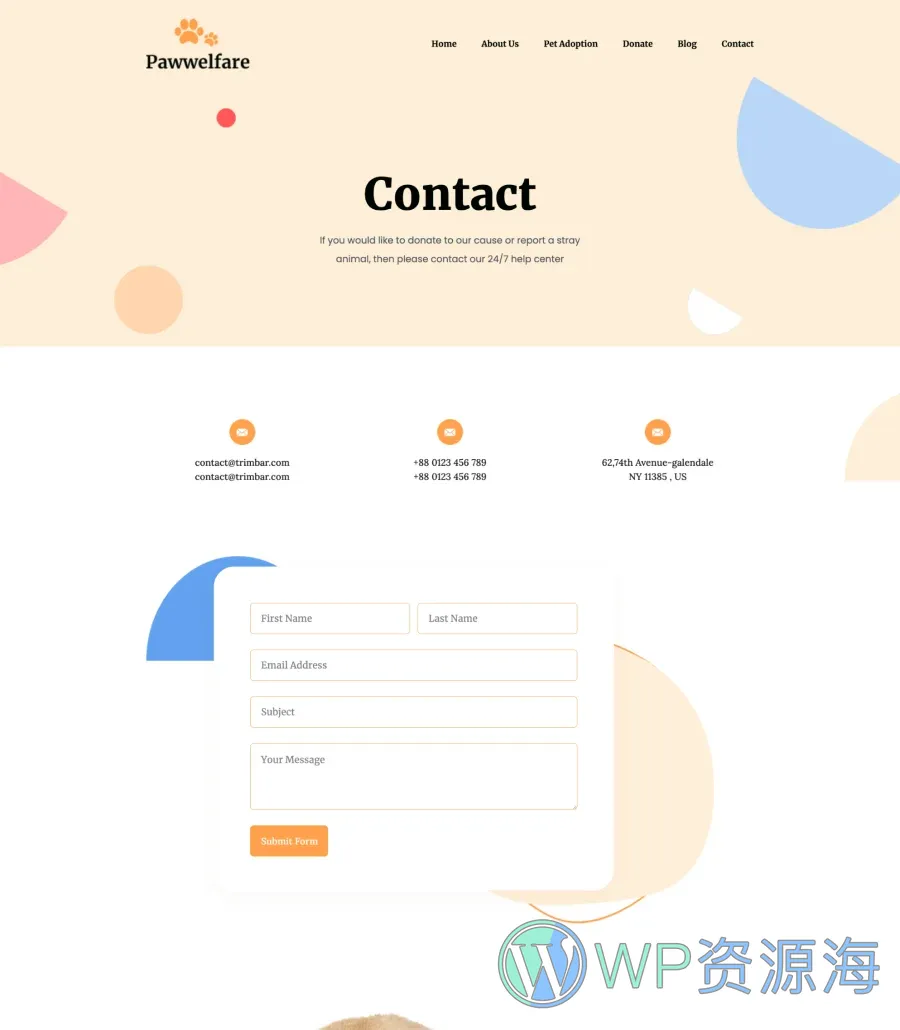宠物服务Gutenberg网站模板_一键导入快速建站插图3-WP资源海 Pawwelfare Contact Page For Gutenberg