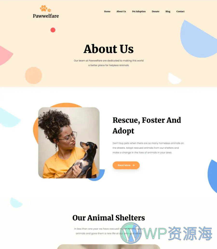 宠物服务Gutenberg网站模板_一键导入快速建站插图2-WP资源海 Pawwelfare About Page For Gutenberg