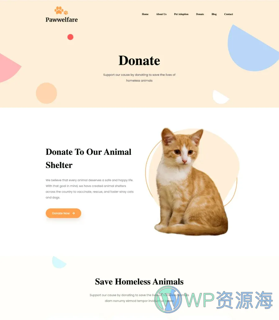 宠物服务Gutenberg网站模板_一键导入快速建站插图5-WP资源海 Pawwelfare Donate Page For Gutenberg