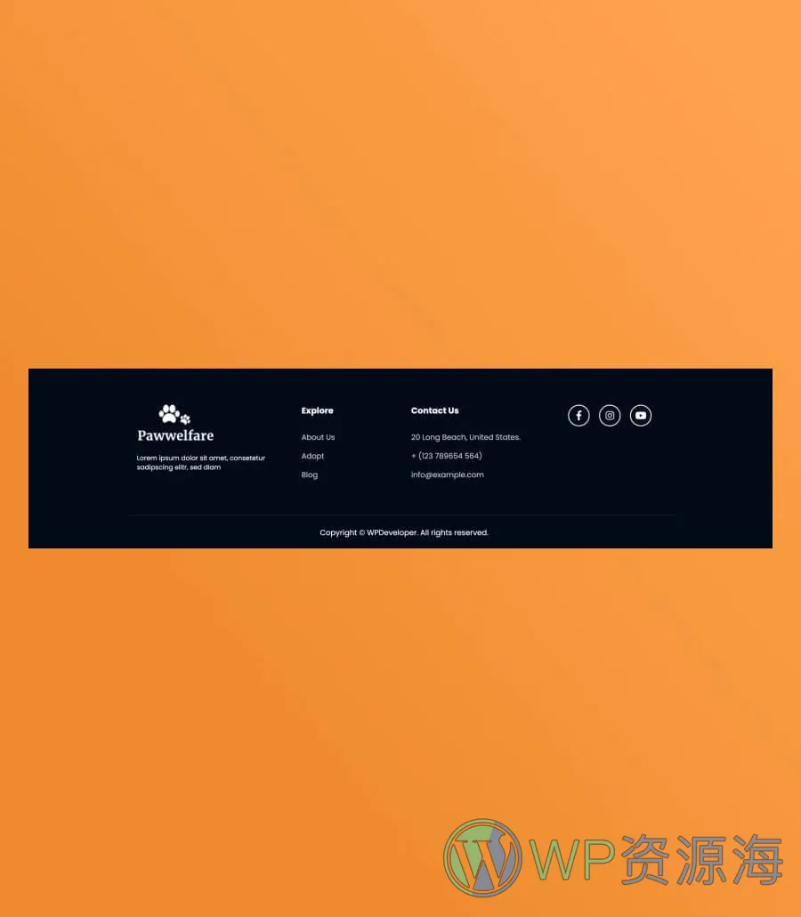 宠物服务Gutenberg网站模板_一键导入快速建站插图12-WP资源海 Pawwelfare Footer Section For Gutenberg