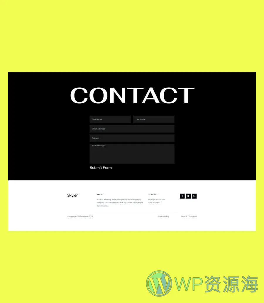 无人机摄影Gutenberg网站模板_一键导入快速建站插图2-WP资源海 Skyler Contact Page For Gutenberg