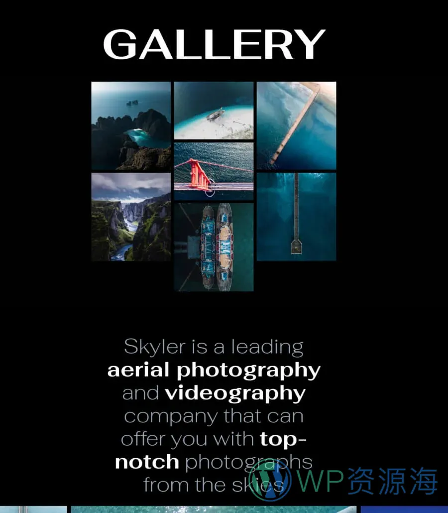 无人机摄影Gutenberg网站模板_一键导入快速建站插图4-WP资源海 Skyler Gallery Page For Gutenberg