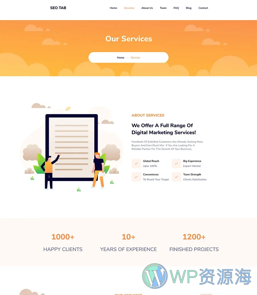 数字营销机构Elementor网站模板_一键导入快速建站插图2-WP资源海 SEO Tab Service Page