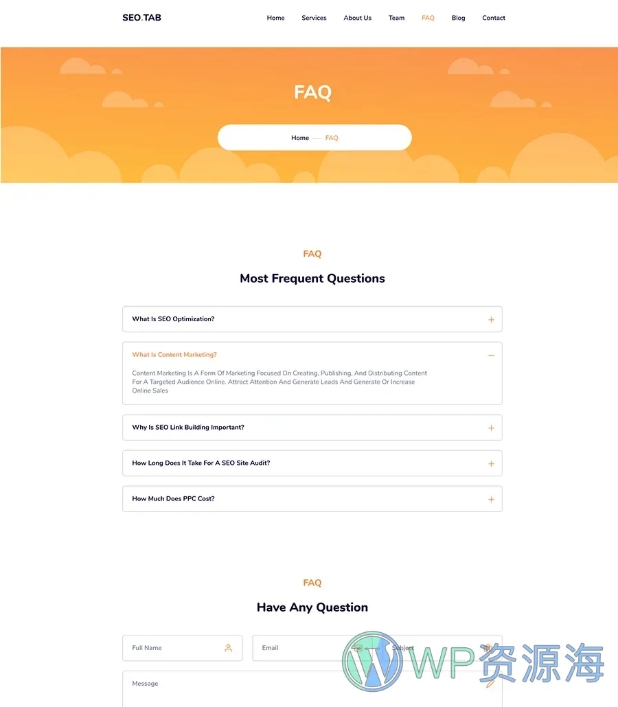 数字营销机构Elementor网站模板_一键导入快速建站插图9-WP资源海 SEO Tab FAQ Page