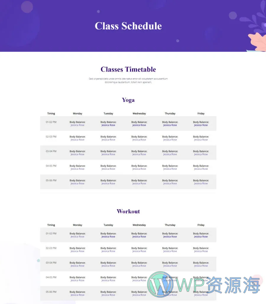 健康与养生Gutenberg网站模板_一键导入快速建站插图6-WP资源海 Balance Class Schedule Page For Gutenberg