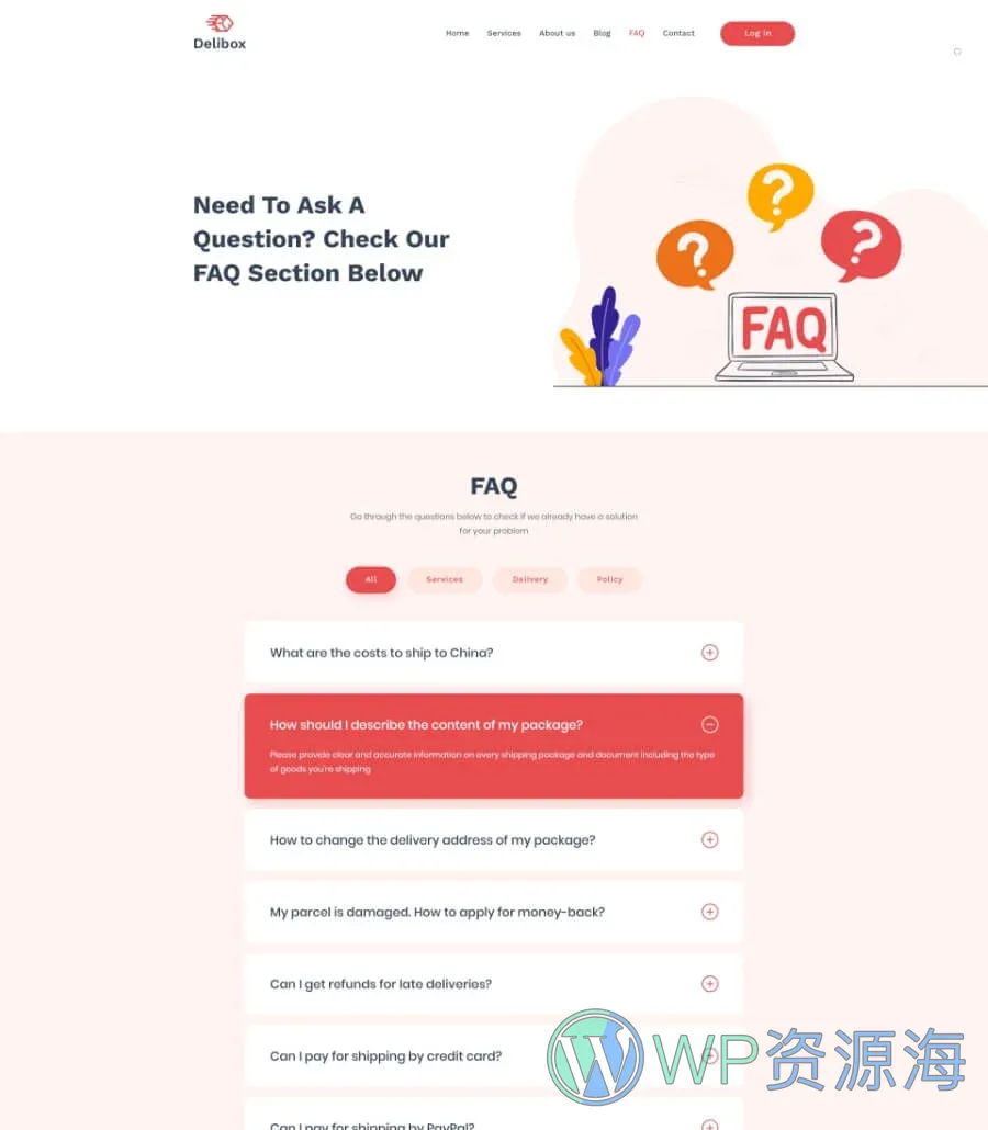 快递/物流服务Elementor网站模板_一键导入快速建站插图7-WP资源海 Delibox FAQ Page
