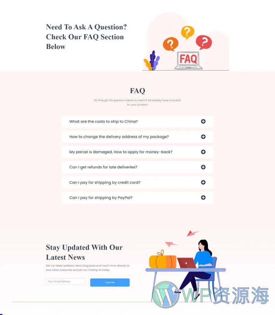 快递服务Gutenberg网站模板_一键导入快速建站插图5-WP资源海 Delibox FAQ Page For Gutenberg