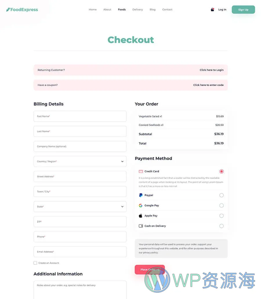 Food Express Checkout Page