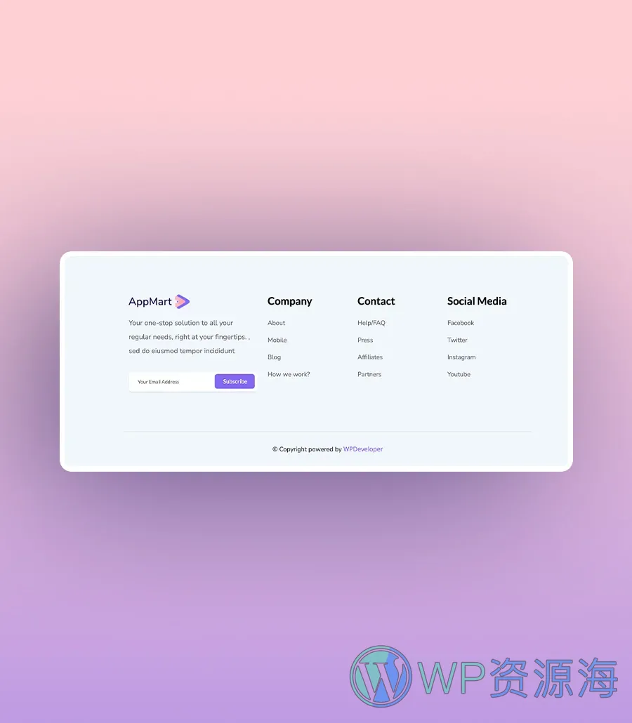 应用落地页Gutenberg网站模板_一键导入快速建站插图5-WP资源海 AppMart Footer Section For Gutenberg