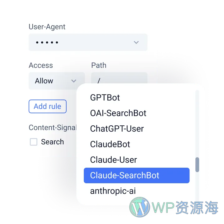 JetGEO AI 搜索优化 WordPress 插件插图2-WP资源海 AI crawlers list inside jetgeo plugin for wordpress