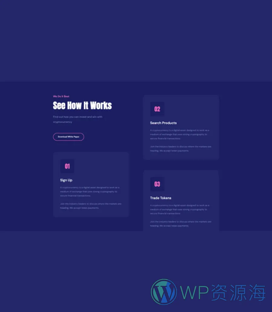 专属 落地页Gutenberg网站模板_一键导入快速建站插图3-WP资源海 CryptoCurrency Services Section For Gutenberg