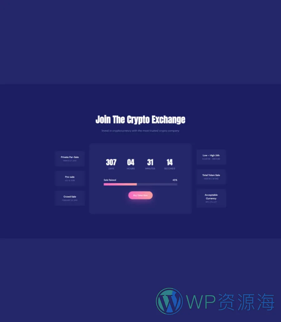 专属 落地页Gutenberg网站模板_一键导入快速建站插图6-WP资源海 CryptoCurrency Countdown Section For Gutenberg