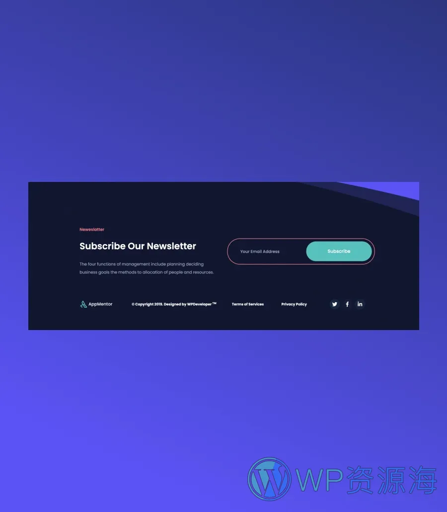 应用落地页Gutenberg网站模板_一键导入快速建站插图6-WP资源海 AppMentor Footer Section For Gutenberg