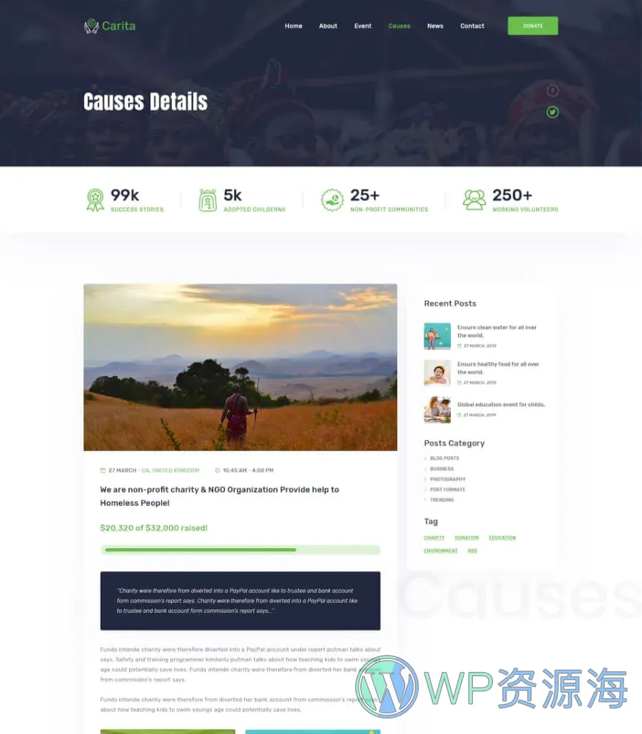 快速建站Elementor网站模板_一键导入快速建站插图7-WP资源海 DoNation Charity Template Causes details page