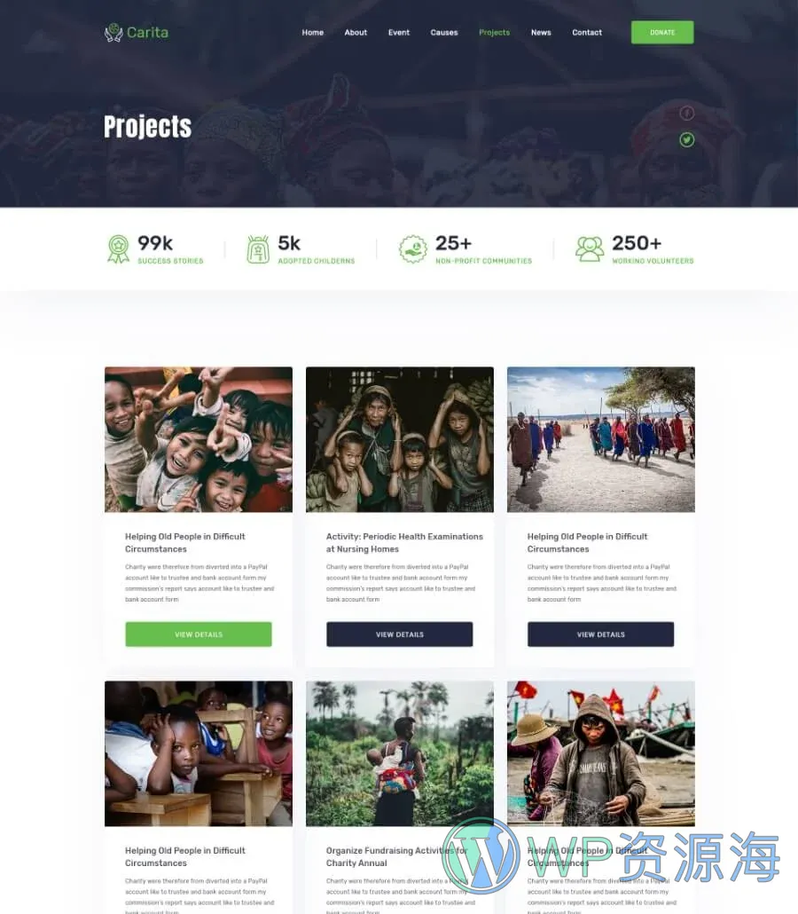 快速建站Elementor网站模板_一键导入快速建站插图4-WP资源海 DoNation Charity Template Projects page