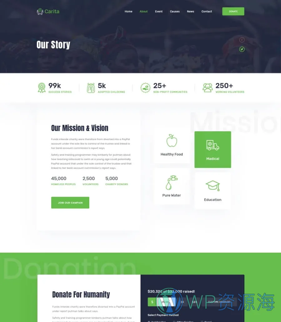 快速建站Elementor网站模板_一键导入快速建站插图2-WP资源海 DoNation Charity Template Our Story page
