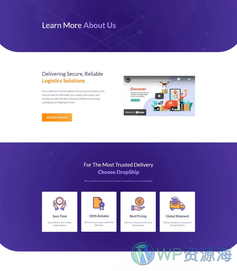 物流快递服务Gutenberg网站模板_一键导入快速建站插图2-WP资源海 DropShip About Page For Gutenberg