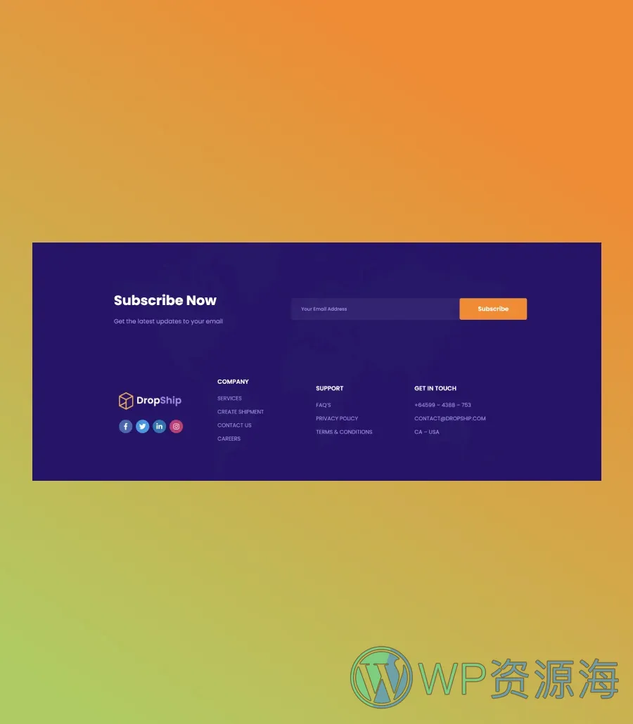 物流快递服务Gutenberg网站模板_一键导入快速建站插图7-WP资源海 Dropship Footer Section For Gutenberg