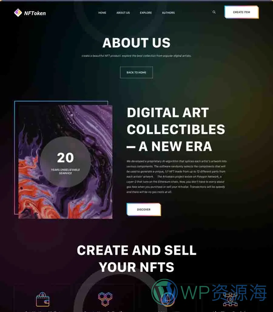 NFT项目机构Elementor网站模板_一键导入快速建站插图4-WP资源海 NFToken About Page