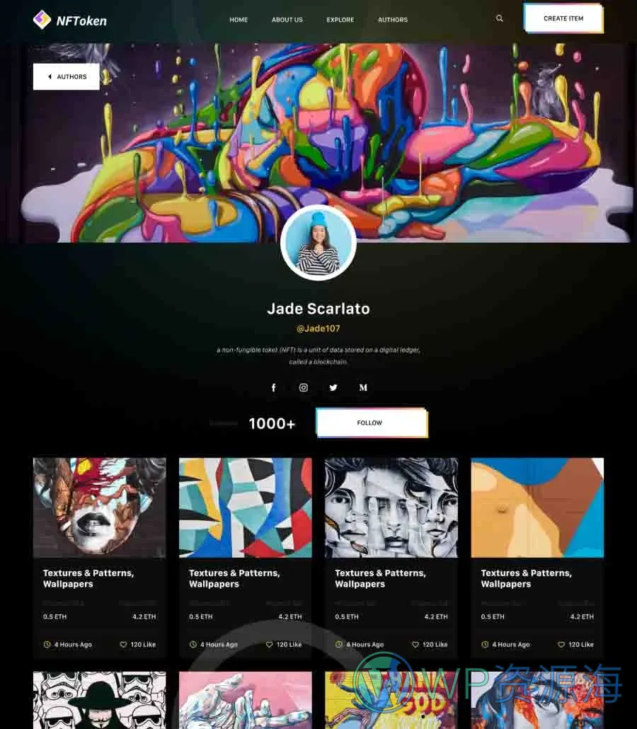 NFT项目机构Elementor网站模板_一键导入快速建站插图3-WP资源海 NFToken Author Profile Page