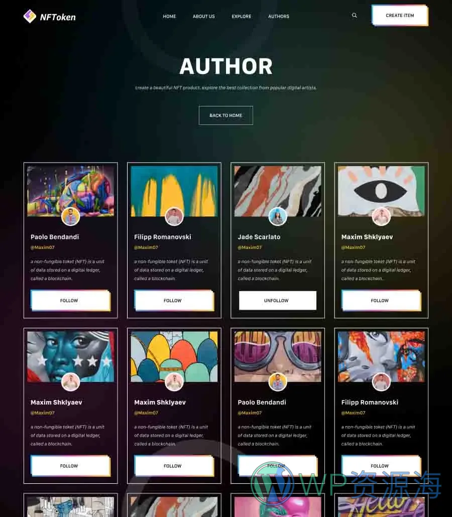 NFT项目机构Elementor网站模板_一键导入快速建站插图2-WP资源海 NFToken Author Page