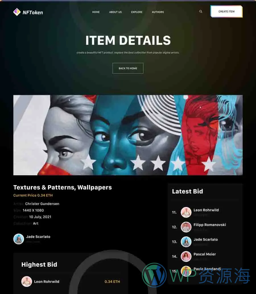 NFT项目机构Elementor网站模板_一键导入快速建站插图7-WP资源海 NFToken Item Details Page